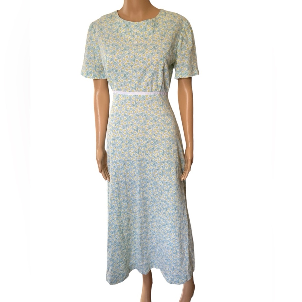 Vintage Blue Floral Midi Dress with Yellow Accents
